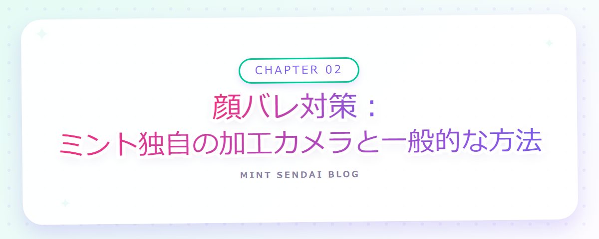 CHAPTER 02 顔バレ対策：ミント独自の加工カメラと一般的な方法（章見出しカード）