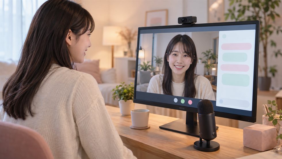 ライブチャットの配信画面と機材(映像と音声を同時に配信する仕組み)