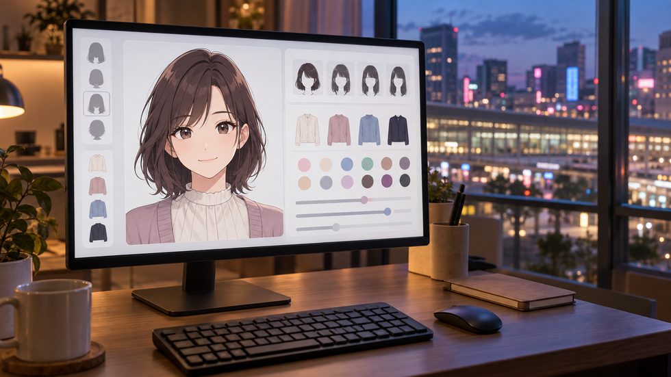 FANZAライブチャットのバーチャルチャット(2Dアバターのキャラクター作成画面)