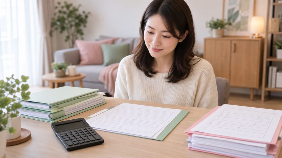 確定申告の書類と電卓（収入管理のイメージ）