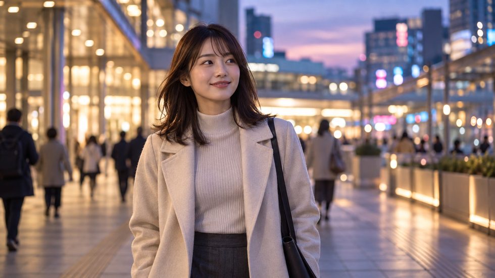 仙台駅前を歩く女性（夕方・通勤風景）
