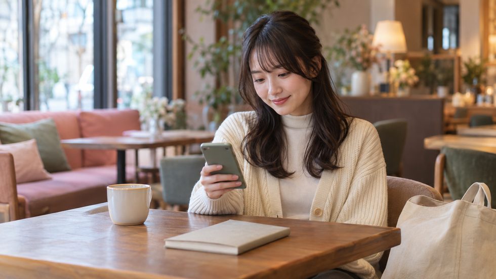 学生が働く前にカフェで時間を確認している様子