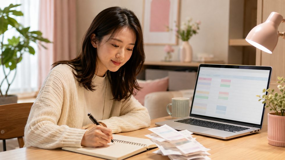 チャットレディの収入と経費を記録している女性の手元