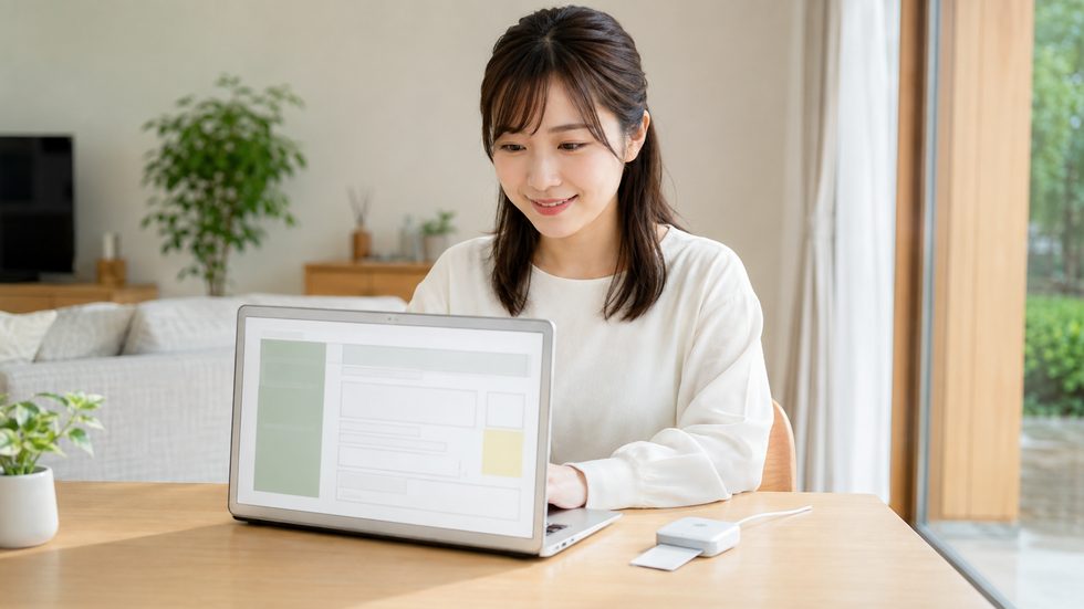 e-Taxで確定申告書を作成している女性（自宅）