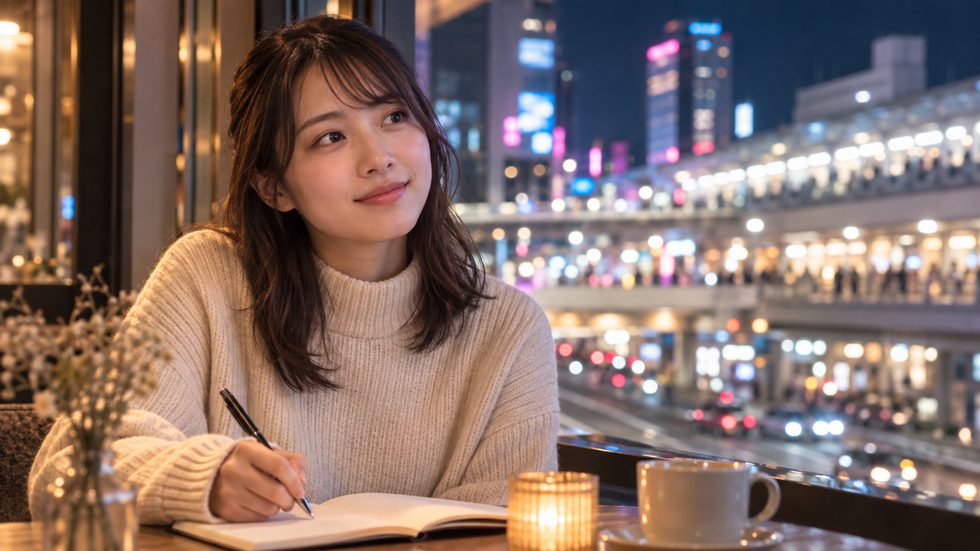 名前を考える女性のイメージ(ノートとペン)