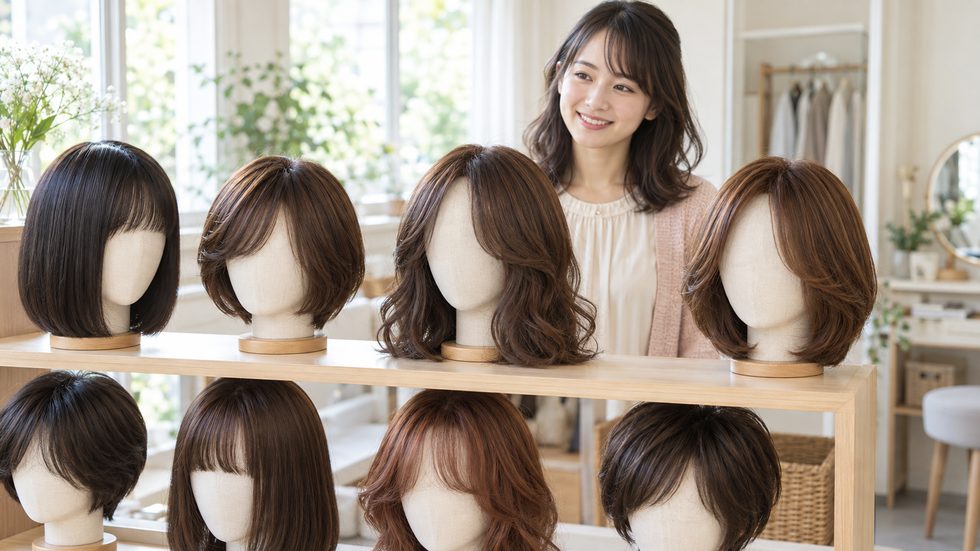 チャットレディ事務所のウィッグ無料レンタル棚(複数スタイル)