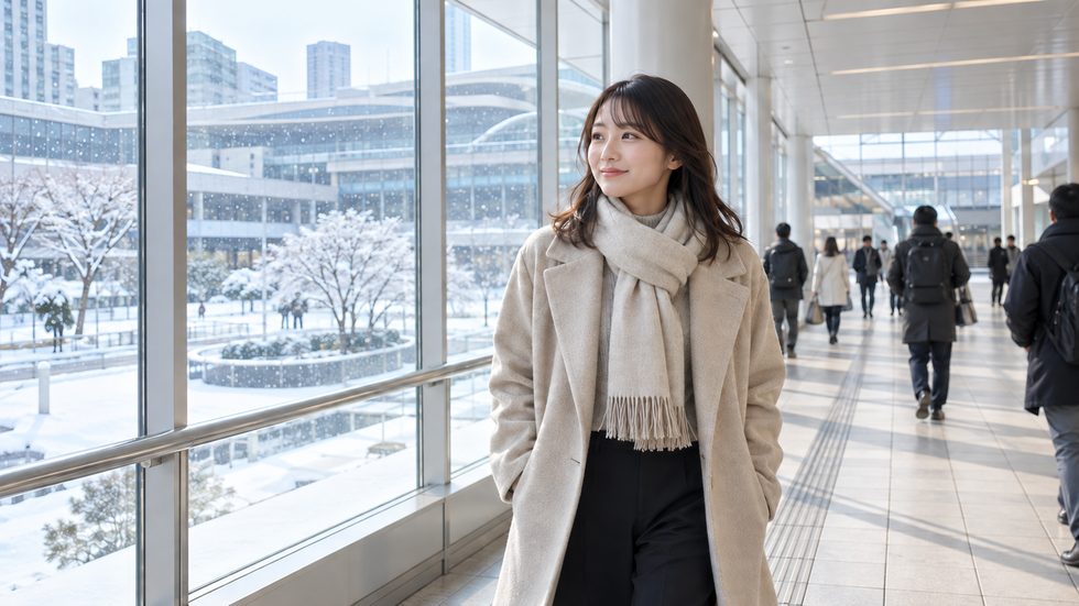 冬の仙台駅前の風景（雪が降る日）