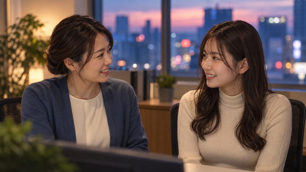 女性スタッフが新人チャットレディに個別サポートしている様子