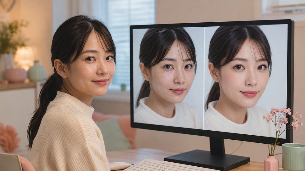 加工カメラの画面イメージ（変身前後の比較・別人レベルの効果）