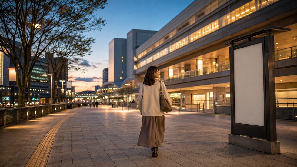 仙台駅前の通勤風景（夕方・女性が歩く・駅近の利便性）