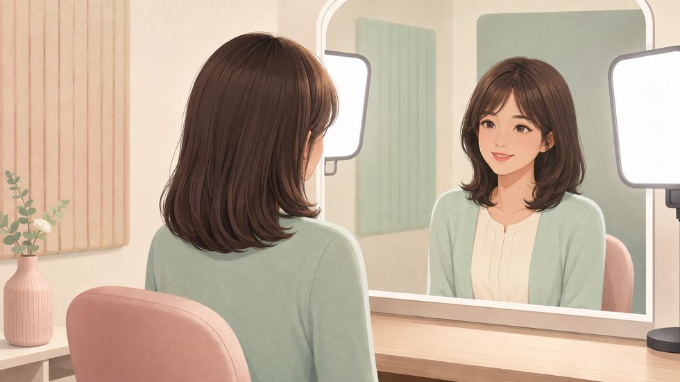 ウィッグを試す女性（鏡の前・髪型変更・身バレ対策の一環）