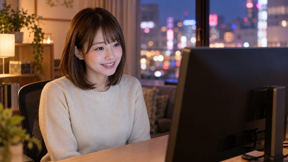 チャットレディが個室で配信中の様子（画面越しの会話・ウィッグ着用）