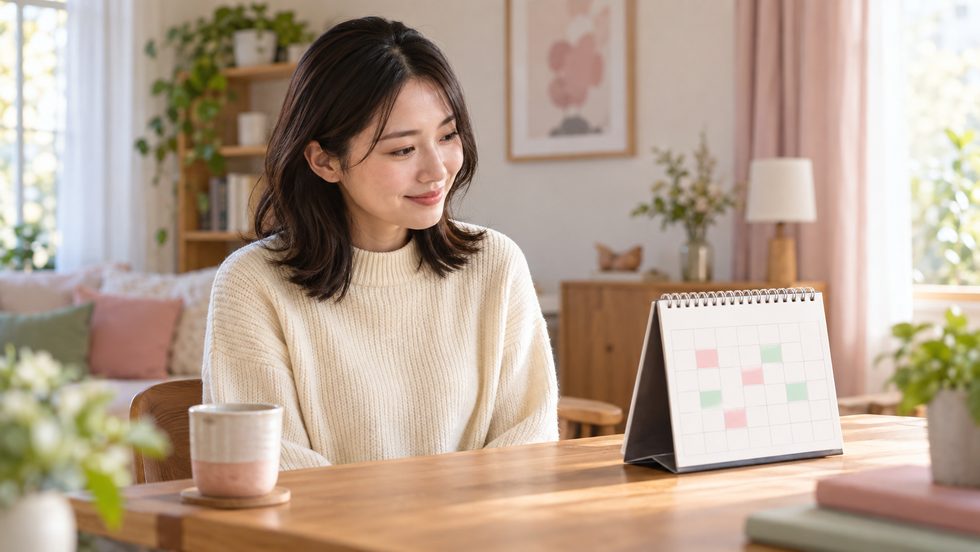 自由出勤のカレンダーを見ながら予定を立てる女性