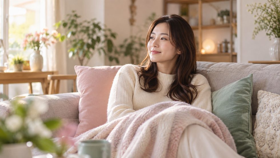 在宅での休憩中にリラックスしている女性