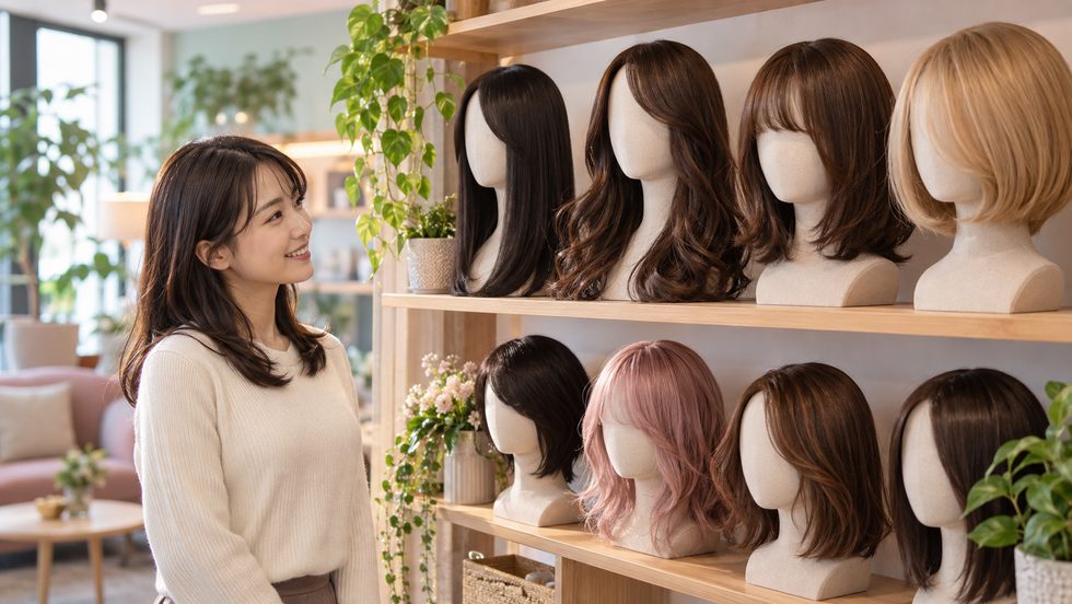 ウィッグの無料レンタル棚（さまざまな色・スタイル）