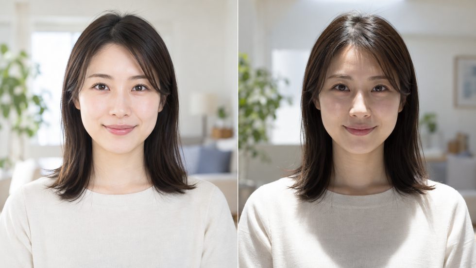 照明の向きで映りが変わる比較イメージ（正面とやや上からの光）