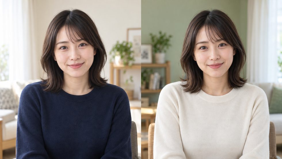 服の色と背景の対比の例（白い服に淡い壁・濃い服に明るい壁）