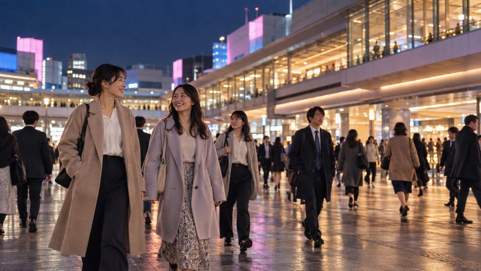 仙台駅前の夜の通勤風景