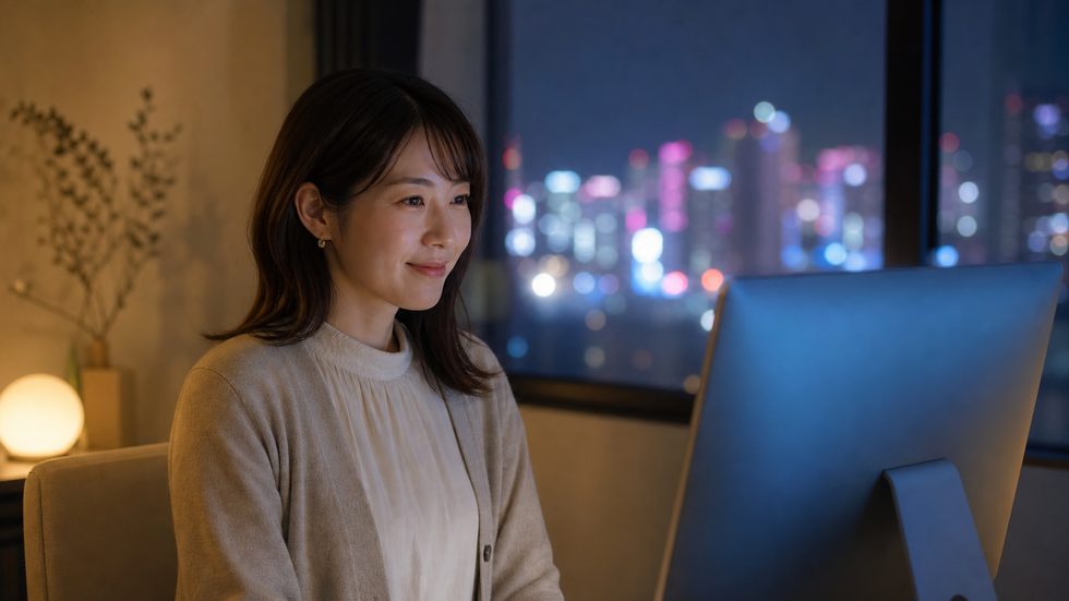 夜間の時間帯にチャット配信する様子