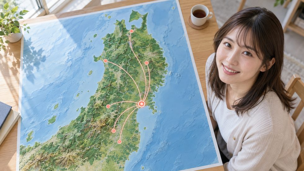 東北各県から仙台へのアクセスを示す地図(仙台駅が中心ハブ)