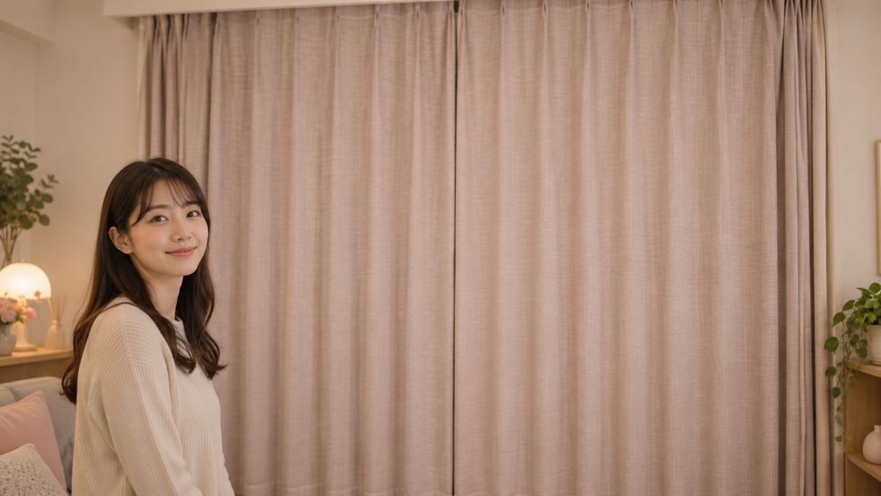 窓の外の景色をカーテンで隠してプライバシーを守る様子