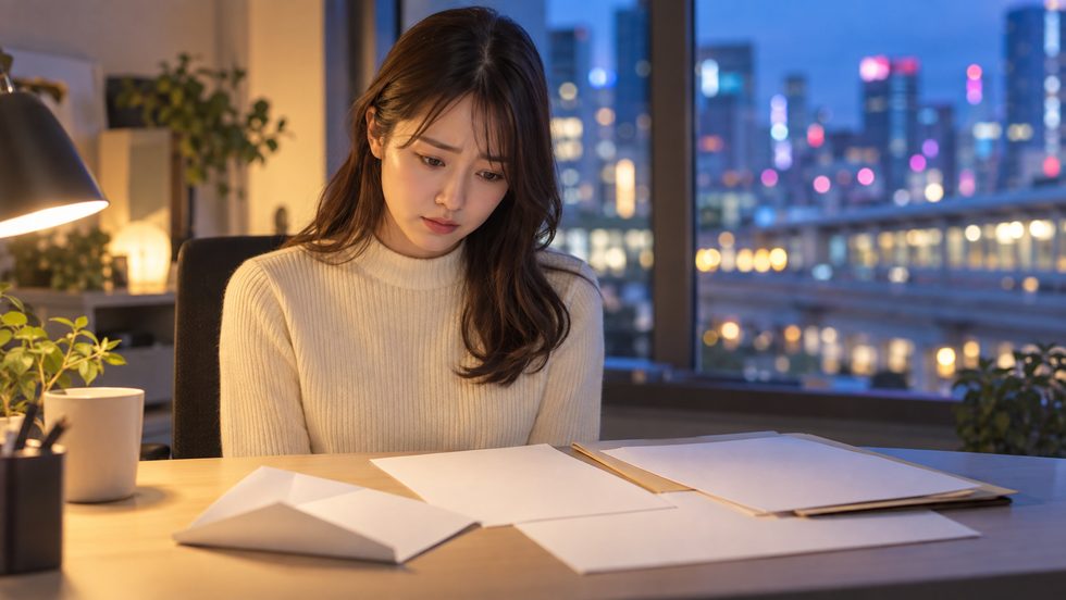 税務調査の通知書と書類を確認する女性(チャットレディの税務対応)