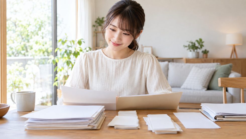 自宅で年間の税務書類を確認する女性(確定申告の準備)