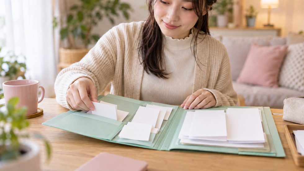 領収書とレシートを整理する手元(経費の記録保管)