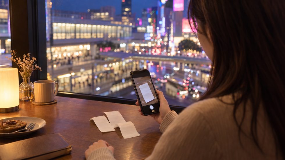 経費レシートをスマホアプリで撮影して記録する様子