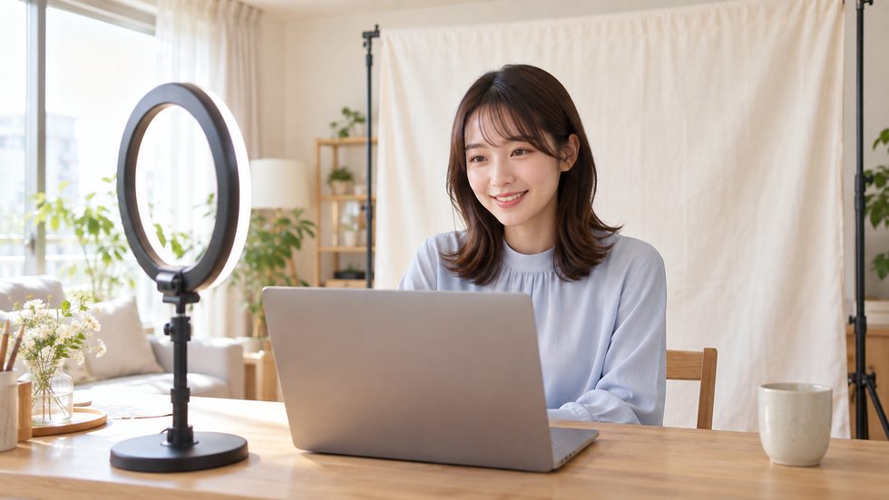 在宅配信環境のセットアップ（ノートPC・リングライト・背景布）