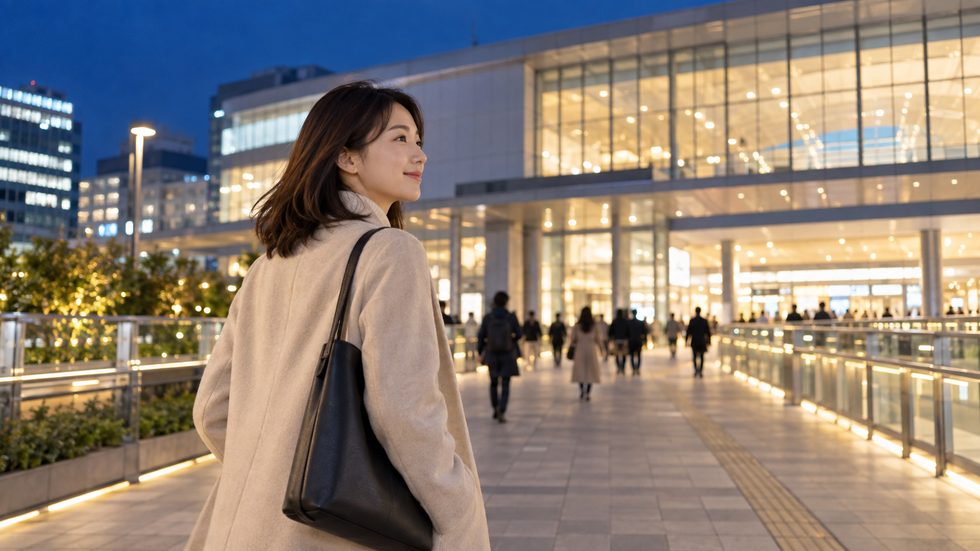夜の仙台駅前を歩く女性（稼働後の帰宅）