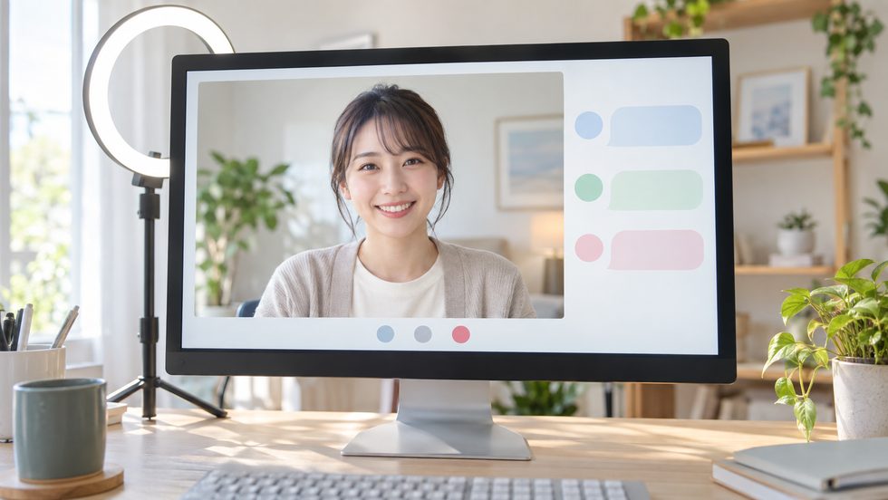 配信機材のリングライトとモニター画面(個室内のセットアップ)