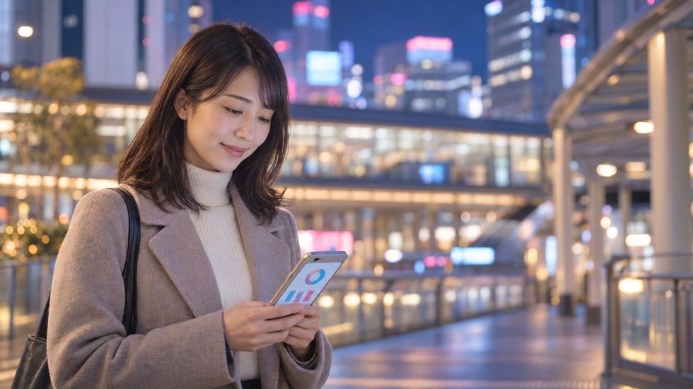 確定申告のイメージ（スマホで収支を確認する女性）