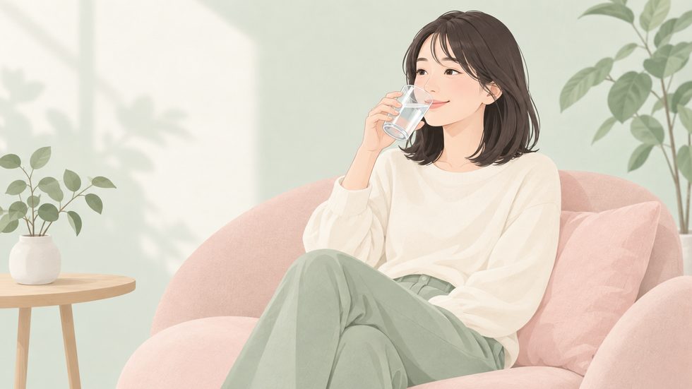 体調管理のイメージ（休憩中の女性・水分補給でリラックス）