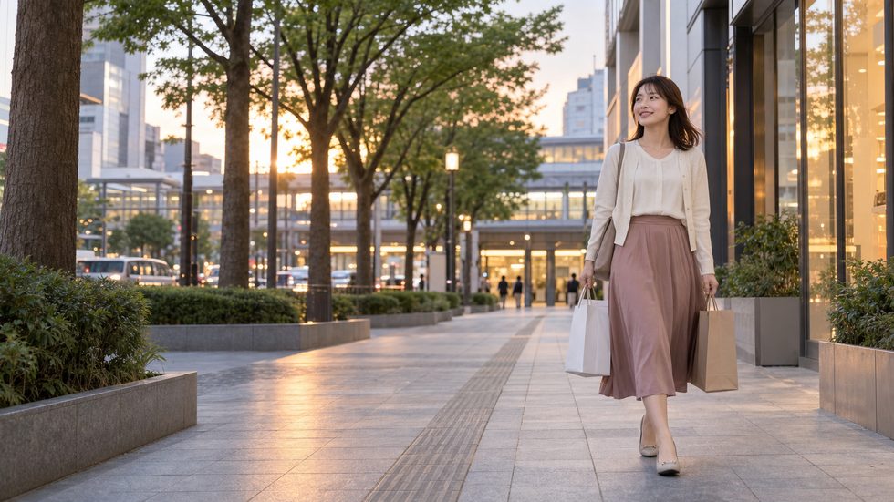 仙台駅前の買い物風景（仕事前に買い物を楽しむ若い女性）