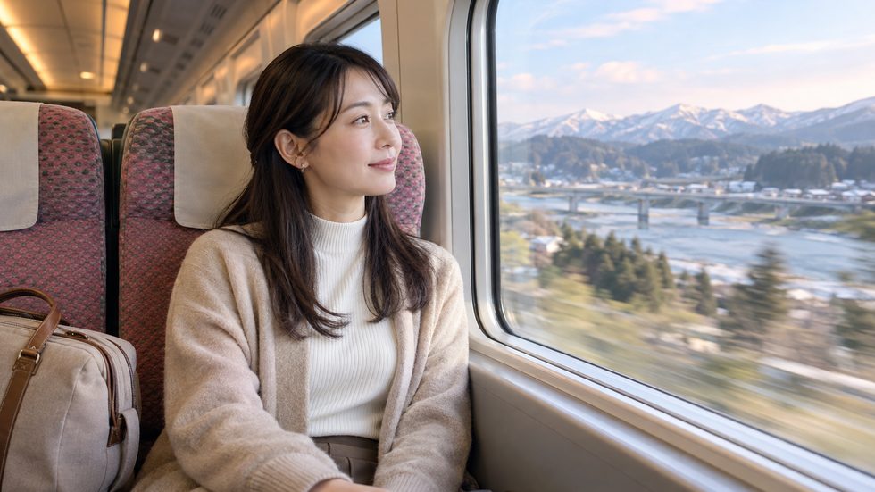 盛岡から仙台への新幹線車内(女性が小さなバッグを持って座っている)