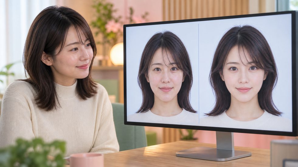 加工カメラの画面例(顔の加工前後の比較・別人レベルの加工)