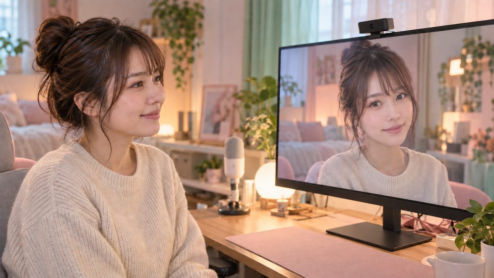 加工カメラで別人のように映る女性の配信画面