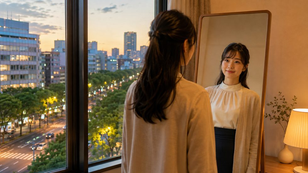 出勤準備の風景（個室で身支度・ウィッグやメイク道具）