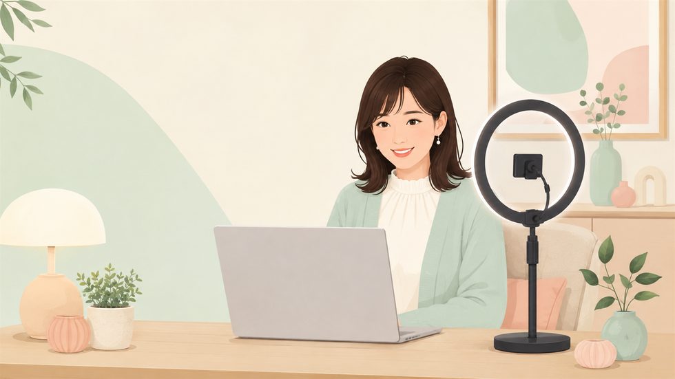 在宅配信環境のセットアップ例（ノートPC・リングライト・背景）