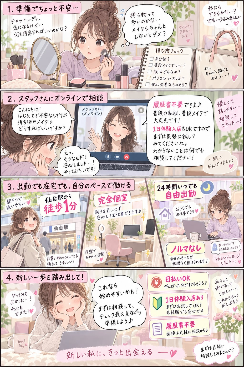 4コマ漫画:1. 準備でちょっと不安…/チャットレディ、気になるけど… 何を用意すればいいのかな?