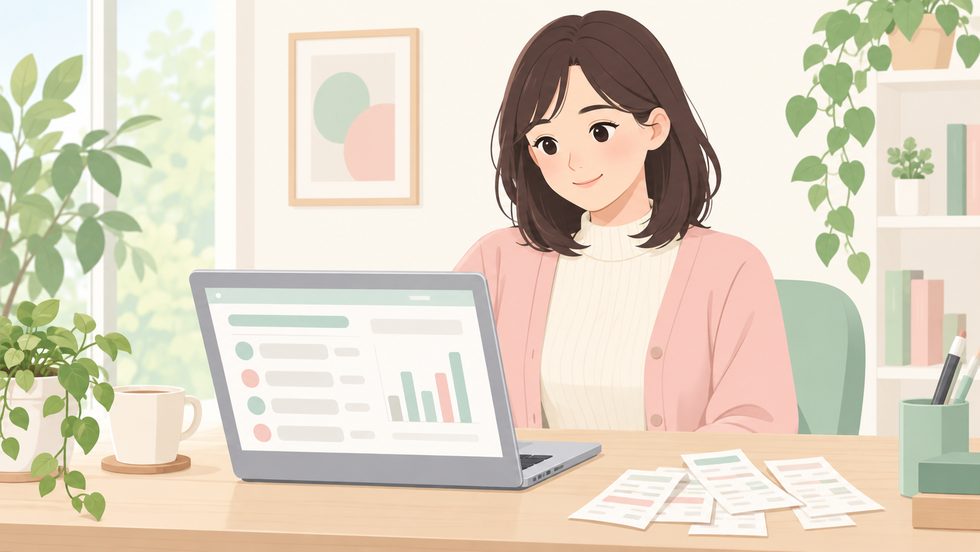 振込記録と経費を確認して所得の見積もりを立てる女性