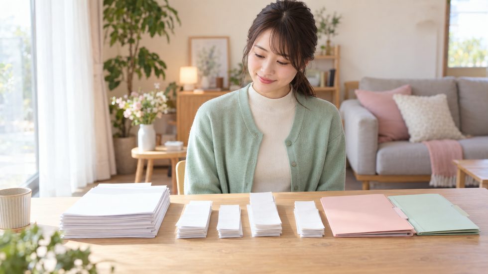 振込記録と領収書を整理する様子（チャットレディの所得管理）