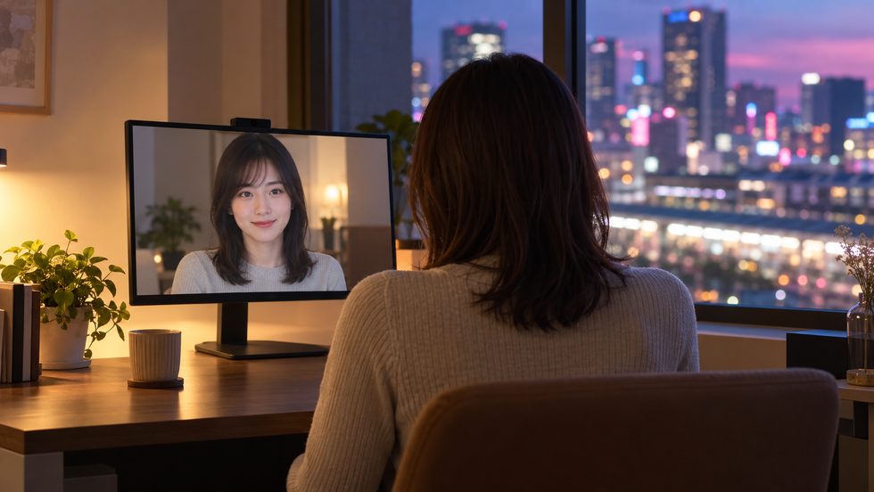 モニターで映りを確認する女性のイメージ（加工カメラの設定）