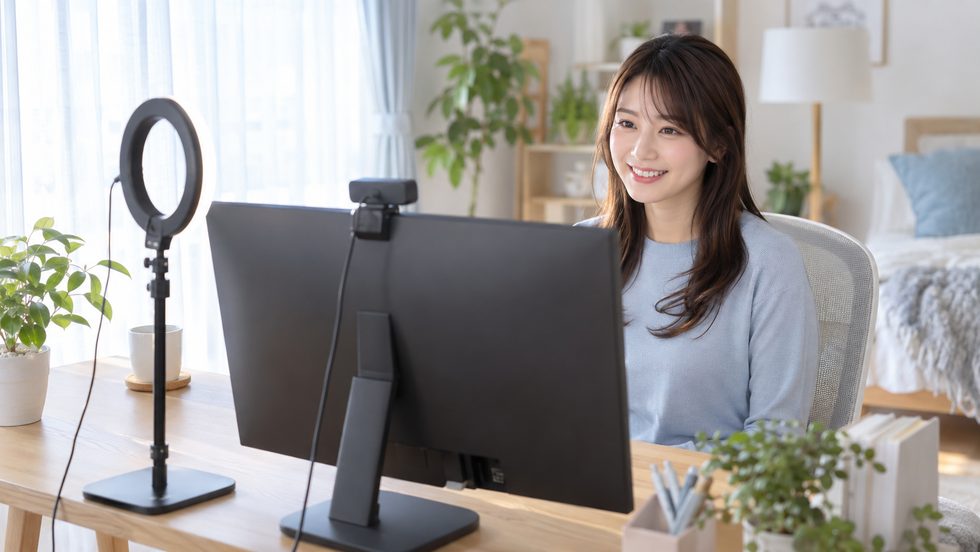 在宅でチャットレディをする配信環境（リングライトとカメラを置いたデスク）