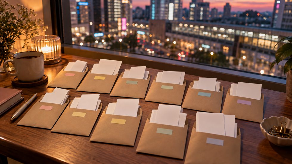 月ごとにラベル付き封筒で整理された領収書とレシート