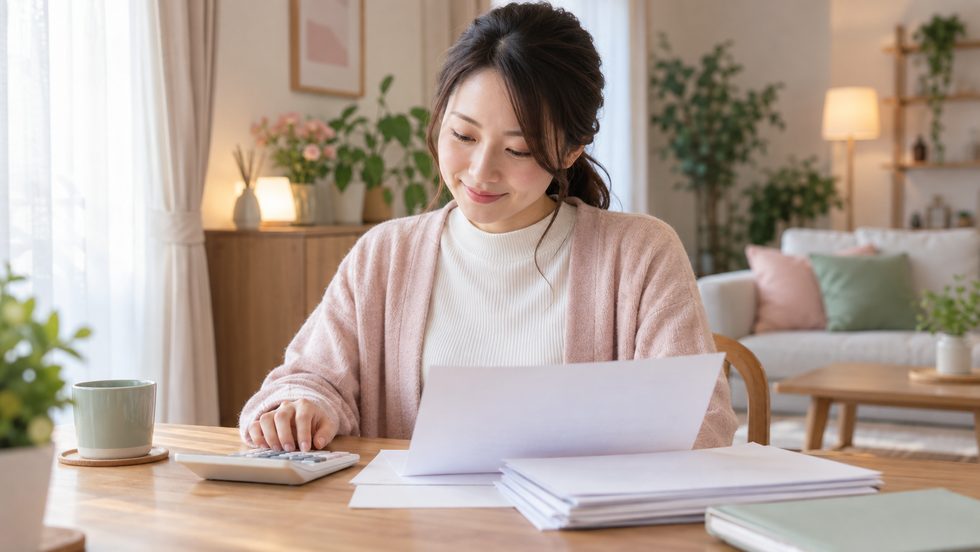 電卓と書類で年間合計を計算する女性