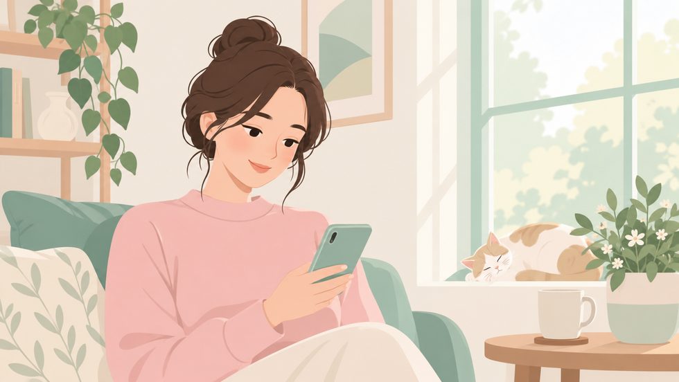 申告のことで悩んで窓辺でスマホを見つめる女性のイメージ