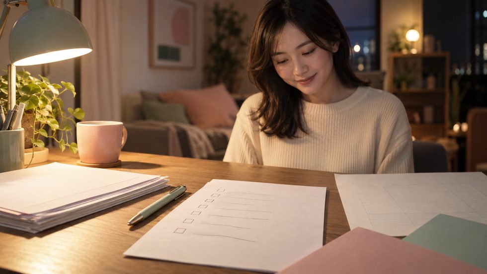 窓口に行く前夜に書類とメモをそろえた机の上