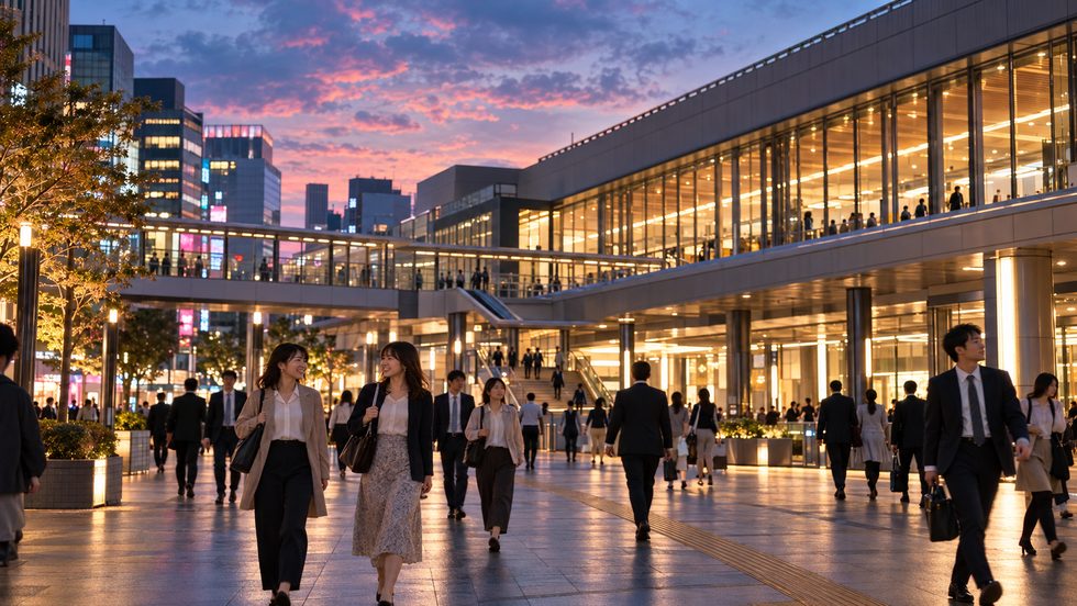 夕方の仙台駅前を歩く人たち(事務所へ向かう通勤風景)